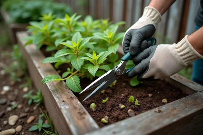 Mains gantées taillant des tiges de menthe noircies avec des ciseaux au-dessus d'un potager surélevé en bois