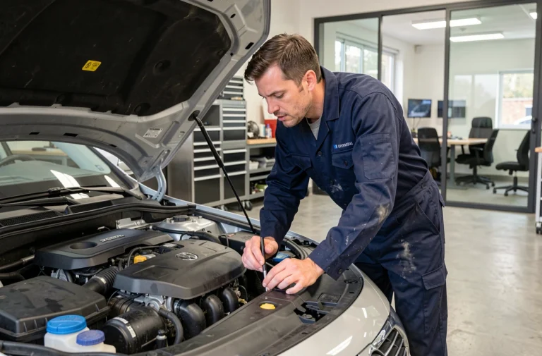 Technicien automobile inspectant le moteur d'une berline moderne dans un garage professionnel à Blaye