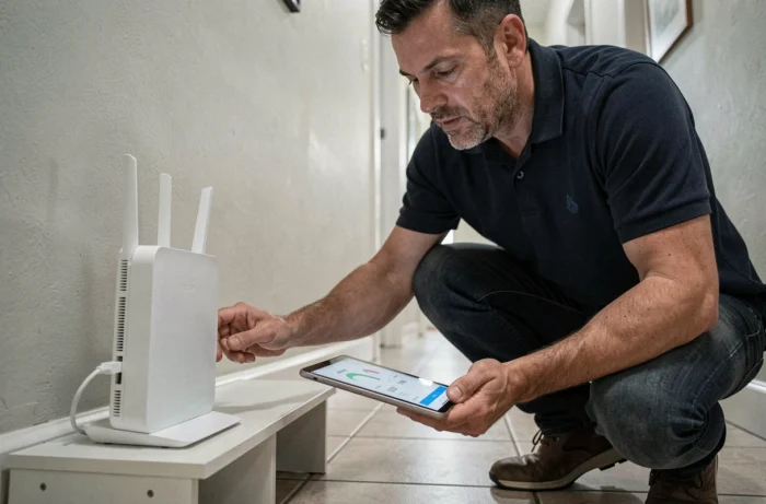 Technicien inspectant un routeur wifi et vérifiant les performances réseau 122 Mbps sur tablette dans un couloir résidentiel
