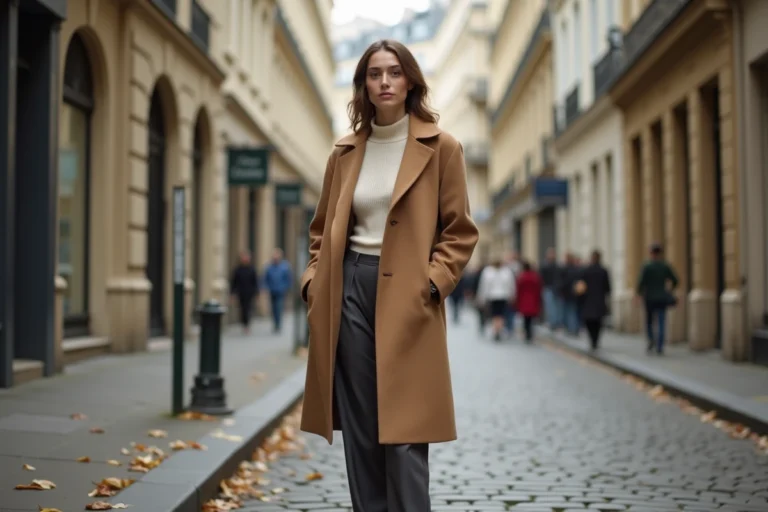 Femme élégante portant un manteau camel oversize et un pantalon large dans une rue pavée parisienne en automne, tendances mode 2024