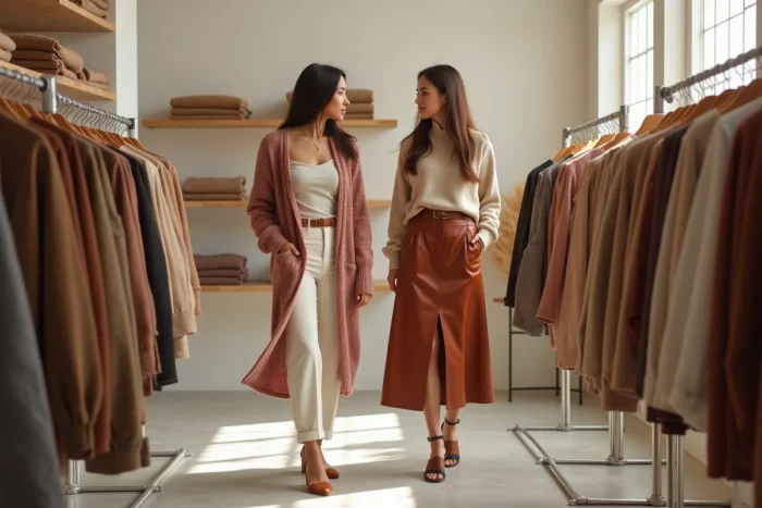 Deux femmes découvrant les nouvelles tendances mode dans une boutique concept minimaliste, vêtements en cardigan rose et jupe en cuir rouille