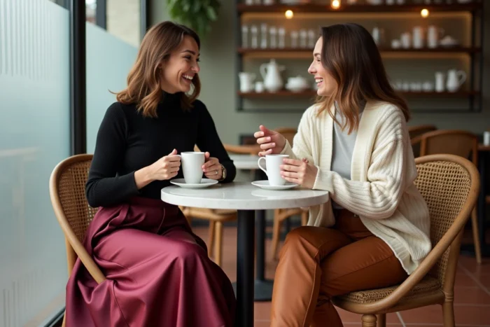 Deux femmes élégamment habillées selon les tendances mode 2024 attablées dans un café parisien, jupe satin bordeaux et cardigan en maille