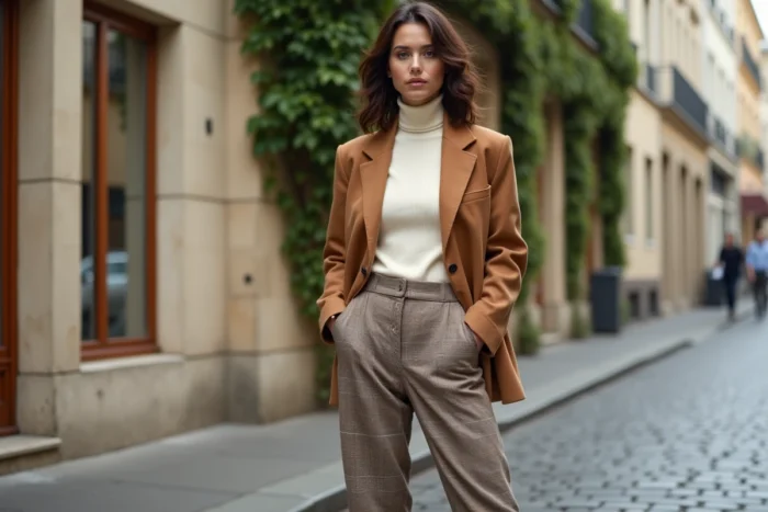Femme élégante portant un blazer camel oversize et un pantalon à motif pied-de-poule dans une rue pavée parisienne, tendances mode automne-hiver