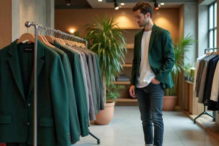 Homme jeune en blazer vert forêt et jean slim dans un concept store moderne, nouvelles tendances mode homme 2024
