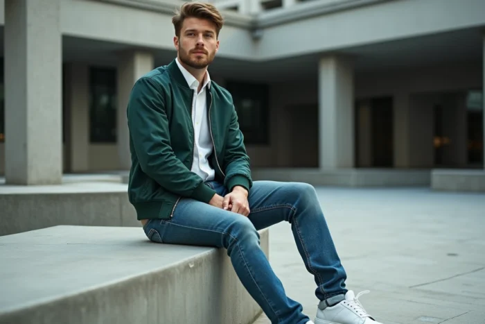 Homme en veste bomber verte et jean brut assis dans une place urbaine moderne, style tendance mode masculine contemporaine