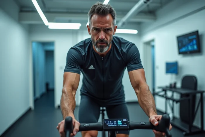 Homme en test d'effort sur vélo stationnaire dans un laboratoire sportif pour mesurer la VO2 Max