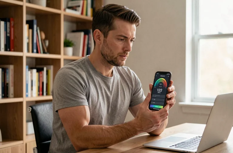 Homme testant la vitesse wifi 122 Mbps sur smartphone dans un bureau à domicile moderne