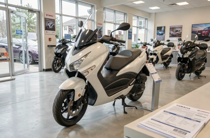 Yamaha TMAX 750 exposé dans une concession officielle avec étiquette de prix, illustrant la cote élevée du maxi-scooter en 2026