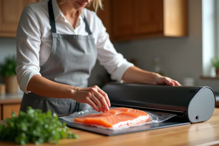 Femme utilisant une machine sous vide pour sceller des filets de saumon frais dans une cuisine moderne en bois