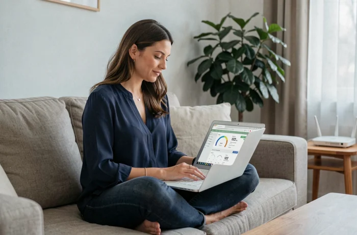Femme vérifiant le débit wifi 122 Mbps sur ordinateur portable dans un salon avec routeur visible