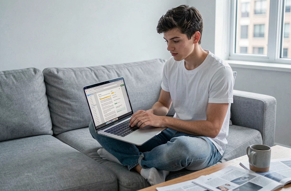 Jeune personne vérifiant un document PDF sur laptop dans un salon minimaliste, test de reconnaissance OCR