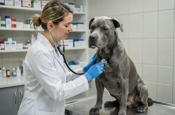 Vétérinaire examinant un Cane Corso bleu adulte en clinique avec un stéthoscope, représentant l'importance d'une assurance santé pour couvrir les frais vétérinaires