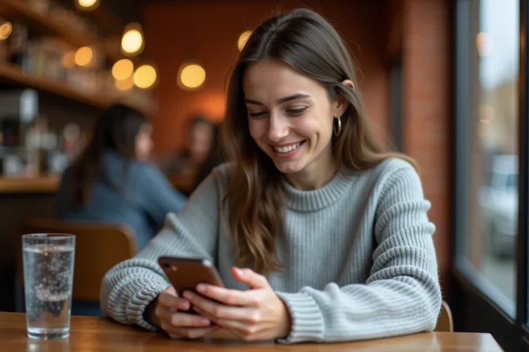Jeune femme consultant des stories Instagram sur son smartphone dans un café sans suivre le compte
