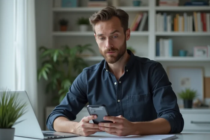 Homme analysant un profil Instagram inconnu depuis son bureau pour voir des stories sans abonnement