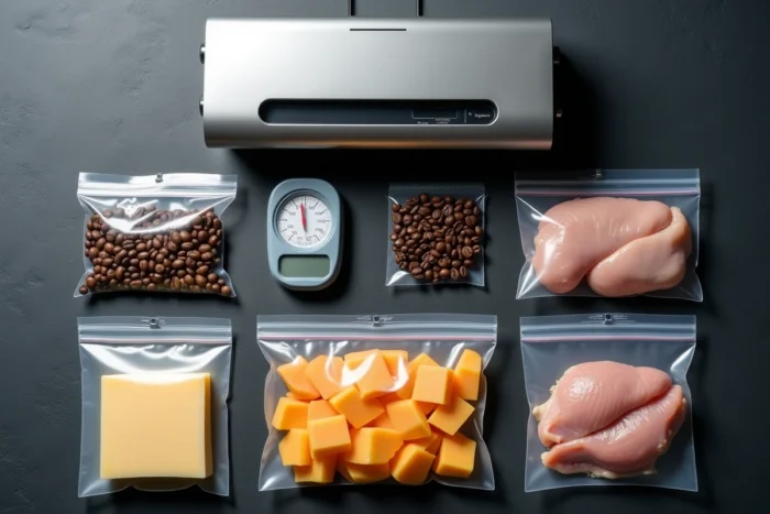 Vue de dessus d'une machine sous vide entourée de sachets alimentaires scellés avec fromage, poulet et café sur ardoise foncée