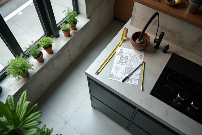Vue plongeante d'un plan snack étroit en béton dans une petite cuisine urbaine avec mètre ruban et croquis de rénovation
