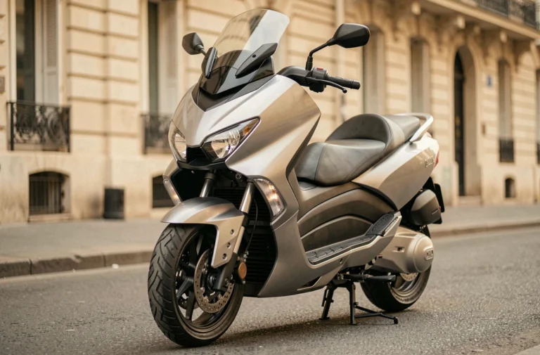 Yamaha TMAX 750 garé dans une rue parisienne, vue en angle avant montrant le design premium du maxi-scooter